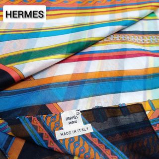 エルメス(Hermes)の【美品】エルメス　コットン　ロング　スカーフ　ショール　ストライプ　マルチカラー(バンダナ/スカーフ)