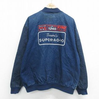 XL★古着 長袖 デニム ジャケット メンズ 90年代 90s SUPERADIO 刺繍 大きいサイズ コットン 紺 ネイビー 24jan27 中古 アウター(ダッフルコート)