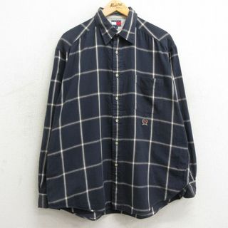 トミーヒルフィガー(TOMMY HILFIGER)のXL★古着 トミーヒルフィガー TOMMY HILFIGER 長袖 ブランド シャツ メンズ 90年代 90s ワンポイントロゴ 大きいサイズ コットン 紺他 ネイビー チェック 24jan27 中古 トップス(シャツ)