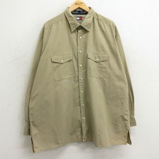 トミーヒルフィガー(TOMMY HILFIGER)のXL★古着 トミーヒルフィガー TOMMY HILFIGER 長袖 ブランド シャツ メンズ 90年代 90s 大きいサイズ ロング丈 コットン ベージュ カーキ 24jan30 中古 トップス(シャツ)