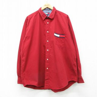 トミーヒルフィガー(TOMMY HILFIGER)のXL★古着 トミーヒルフィガー TOMMY HILFIGER トミージーンズ 長袖 ブランド シャツ メンズ 90年代 90s ビッグロゴ 大きいサイズ コットン 赤 レッド 24jan31 中古 トップス(シャツ)