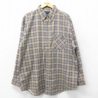 XL★古着 ベーシックエディションズ 長袖 フランネル シャツ メンズ 00年代 00s 大きいサイズ ロング丈 ボタンダウン ベージュ系他 カーキ チェック 24jan24 中古 トップス(シャツ)