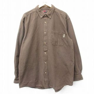 XL★古着 長袖 ヘビー フランネル シャツ メンズ 大きいサイズ ロング丈 コットン ボタンダウン こげ茶 ブラウン 24jan24 中古 トップス(シャツ)