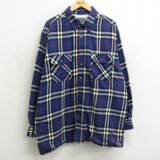 XL★古着 長袖 ヘビー フランネル シャツ メンズ 90年代 90s 大きいサイズ ロング丈 青他 ブルー チェック 内側サーマル 24jan29 中古 トップス(シャツ)