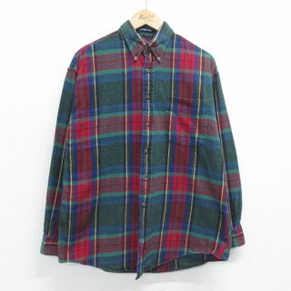 L★古着 GANT 長袖 フランネル シャツ メンズ 90年代 90s コットン ボタンダウン 緑他 グリーン チェック 24jan30 中古 トップス(シャツ)