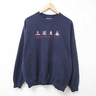 リー(Lee)のXL★古着 リー Lee 長袖 スウェット メンズ 90年代 90s ニューヨーク 灯台 刺繍 クルーネック USA製 紺 ネイビー 24jan23 中古 スエット トレーナー トップス(パーカー)