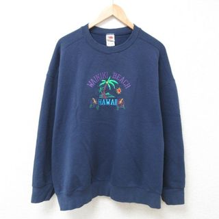 フルーツオブザルーム(FRUIT OF THE LOOM)のXL★古着 フルーツオブザルーム 長袖 スウェット メンズ 00年代 00s ハワイ ワイキキビーチ ヤシの木 ハイビスカス 刺繍 大きいサイズ クルーネック 濃紺 ネイビー 24jan23 中古 スエット トレーナー トップス(パーカー)