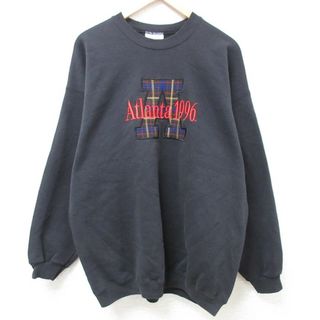 ヘインズ(Hanes)のXL★古着 ヘインズ Hanes 長袖 スウェット メンズ 90年代 90s アトランタ 刺繍 クルーネック 黒 ブラック 24jan26 中古 スエット トレーナー トップス(パーカー)