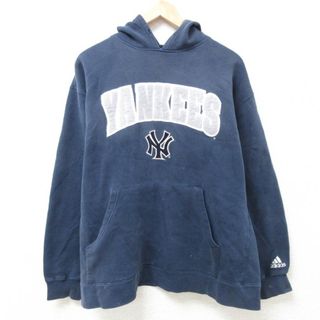 アディダス(adidas)のL★古着 アディダス adidas 長袖 スウェット パーカー メンズ 90年代 90s MLB ニューヨークヤンキース 濃紺 ネイビー メジャーリーグ ベースボール 野球 24jan26 中古 スエット トレーナー トップス(パーカー)