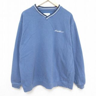 エディーバウアー(Eddie Bauer)のXL★古着 エディーバウアー Eddie Bauer 長袖 スウェット メンズ 00年代 00s ワンポイントロゴ Vネック 青系 ブルー 【spe】 24jan26 中古 スエット トレーナー トップス(パーカー)