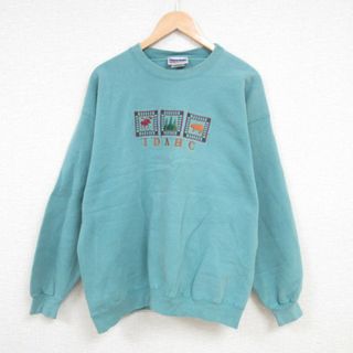 ヘインズ(Hanes)のXL★古着 ヘインズ Hanes 長袖 スウェット メンズ 00年代 00s アイダホ シカ 木 クマ 刺繍 クルーネック 青緑 24jan27 中古 スエット トレーナー トップス(パーカー)