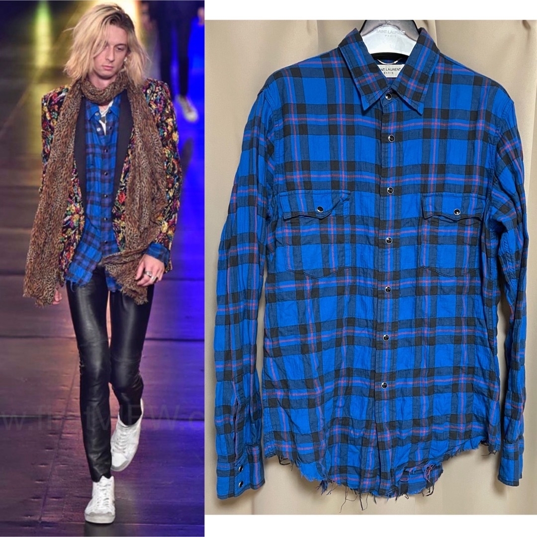 Saint Laurent(サンローラン)の16SS サンローランパリ ダメージ加工 チェックシャツ Sサイズ ネルシャツ メンズのトップス(シャツ)の商品写真