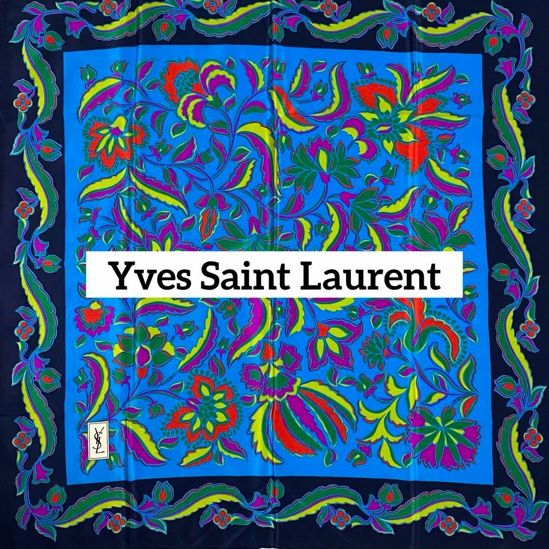 Yves Saint Laurent(イヴサンローラン)の極美品 ★イヴサンローラン★ スカーフ 大判 花 ペイズリー ネイビー ブルー レディースのファッション小物(バンダナ/スカーフ)の商品写真