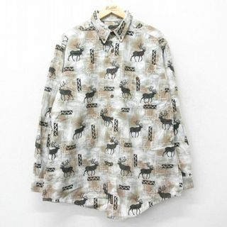 ウールリッチ(WOOLRICH)のXL★古着 ウールリッチ WOOLRICH 長袖 ヘビー フランネル シャツ メンズ シカ 総柄 ロング丈 コットン ボタンダウン グレー系他 24feb03 中古 トップス(シャツ)