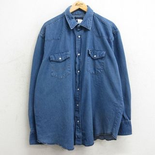 ラングラー(Wrangler)のXL★古着 ラングラー Wrangler 長袖 ウエスタン シャツ メンズ 大きいサイズ ロング丈 コットン 紺 ネイビー デニム 24feb03 中古 トップス(シャツ)