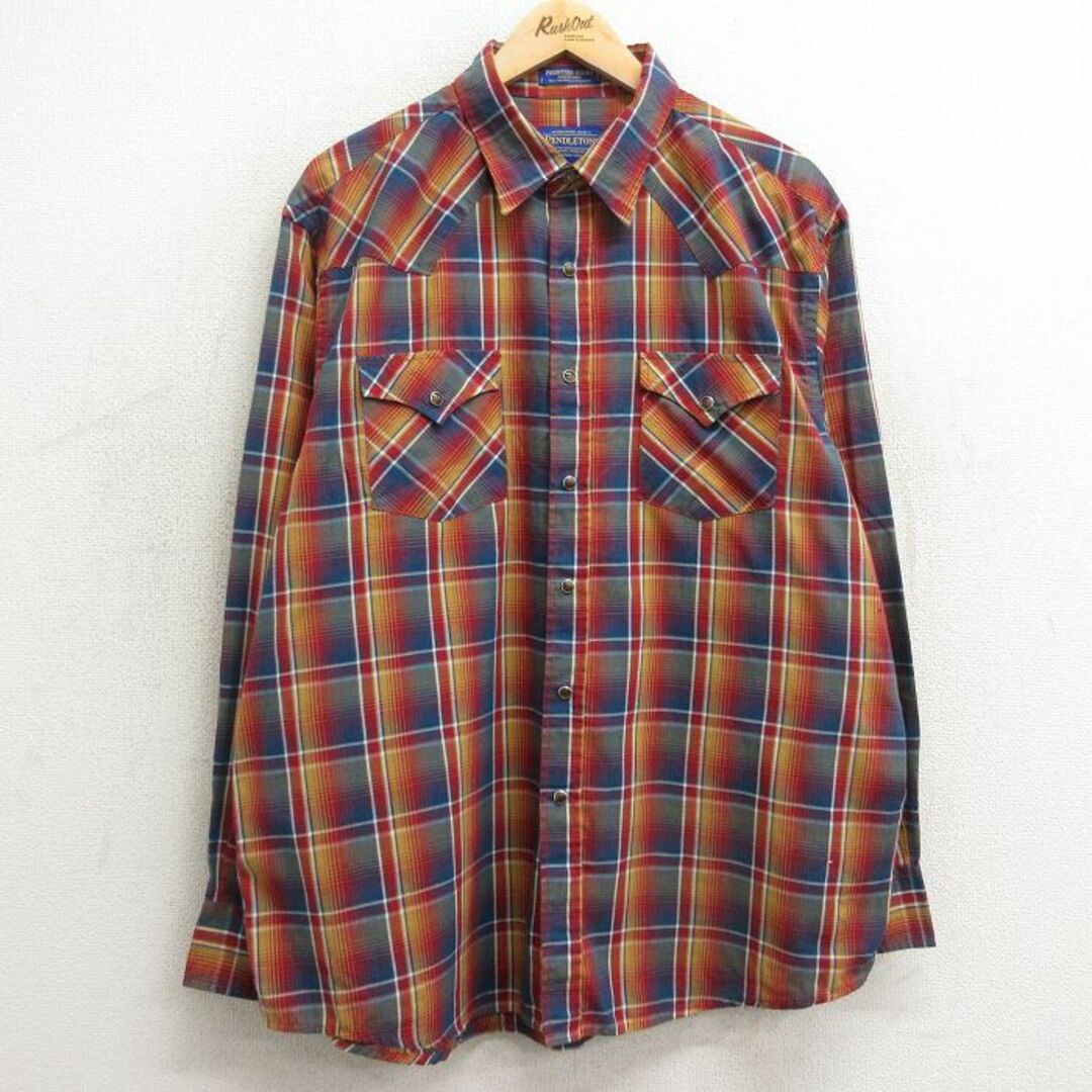 PENDLETON(ペンドルトン)のXL★古着 ペンドルトン PENDLETON 長袖 ウエスタン シャツ メンズ ロング丈 赤他 レッド チェック 24feb03 中古 トップス メンズのトップス(シャツ)の商品写真