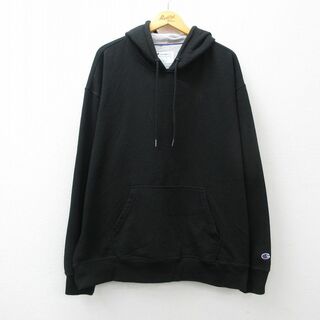 チャンピオン(Champion)のXL★古着 チャンピオン Champion 長袖 スウェット パーカー メンズ ワンポイントロゴ 大きいサイズ 黒 ブラック 24feb02 中古 スエット トレーナー トップス(パーカー)