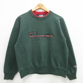 チャンピオン(Champion)のM★古着 チャンピオン champion 長袖 スウェット メンズ 90年代 90s ビッグロゴ 刺繍 クルーネック USA製 緑他 グリーン 24feb03 中古 スエット トレーナー トップス(パーカー)