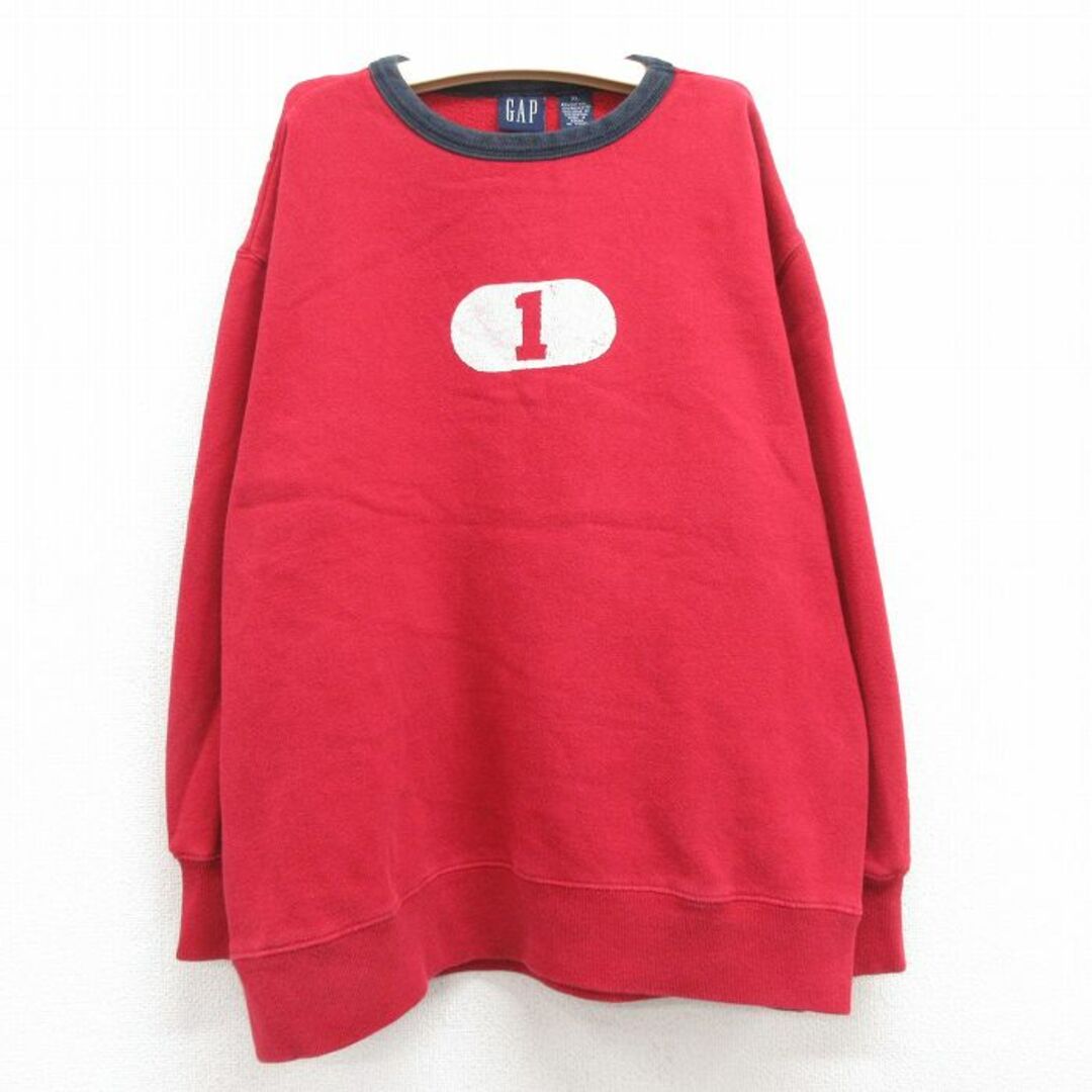 GAP(ギャップ)の古着 ギャップ GAP 長袖 スウェット キッズ ボーイズ 子供服 00年代 00s 1 フロッキープリント クルーネック 赤他 レッド 24feb06 キッズ/ベビー/マタニティのベビー服(~85cm)(シャツ/カットソー)の商品写真