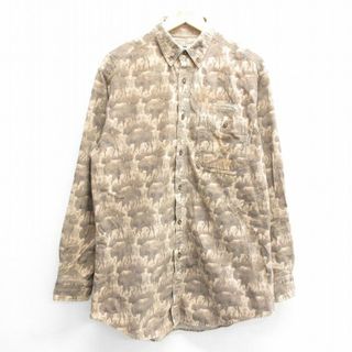 ウールリッチ(WOOLRICH)のL★古着 ウールリッチ WOOLRICH 長袖 シャツ メンズ ブリッケンリッジ コロラド バッファロー 総柄 ロング丈 大きいサイズ ボタンダウン ベージュ カーキ 24feb05 中古 トップス(シャツ)