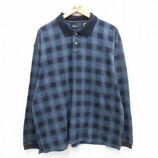 XL★古着 長袖 ポロ シャツ メンズ 濃紺他 ネイビー チェック 24feb05 中古 トップス(ポロシャツ)