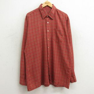 XL★古着 長袖 シャツ メンズ ロング丈 赤他 レッド チェック 24feb05 中古 トップス(シャツ)