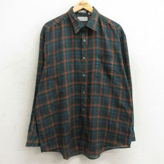 XL★古着 長袖 シャツ メンズ 90年代 90s 大きいサイズ ロング丈 緑他 グリーン チェック 24feb05 中古 トップス(シャツ)