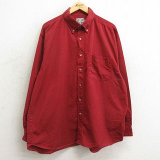 XL★古着 長袖 シャツ メンズ 90年代 90s 大きいサイズ ロング丈 コットン ボタンダウン 赤 レッド 24feb08 中古 トップス(シャツ)