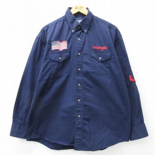 ラングラー(Wrangler)のL★古着 ラングラー Wrangler 長袖 シャツ メンズ 星条旗 コットン ボタンダウン 紺 ネイビー 24feb10 中古 トップス(シャツ)