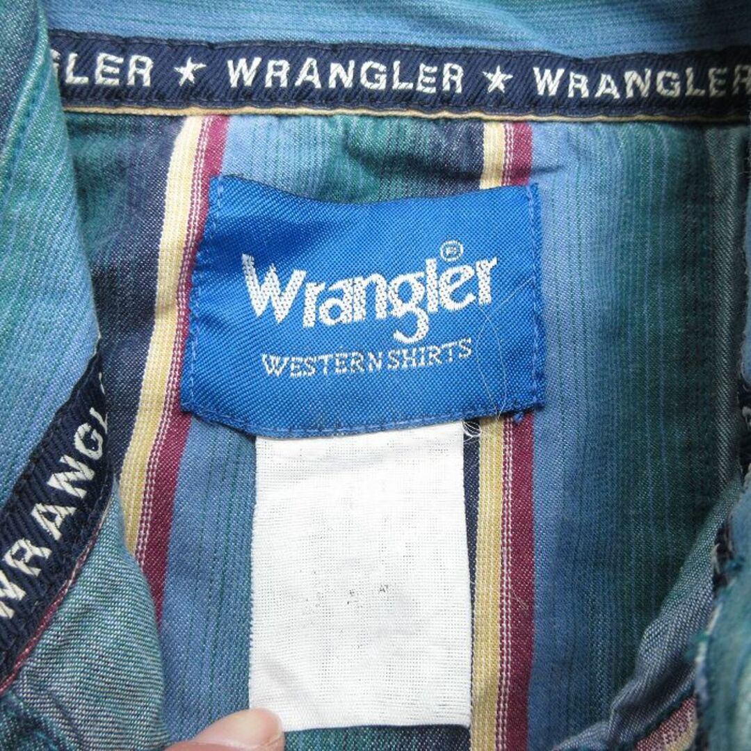 Wrangler(ラングラー)のL★古着 ラングラー Wrangler 長袖 ウエスタン シャツ メンズ ボタンダウン 緑他 グリーン ストライプ 24feb07 中古 トップス メンズのトップス(シャツ)の商品写真