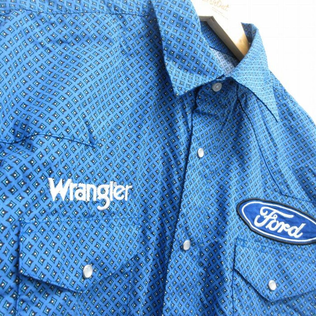 Wrangler(ラングラー)のL★古着 ラングラー Wrangler 長袖 ウエスタン シャツ メンズ ビッグロゴ フォード 刺繍 大きいサイズ コットン 青他 ブルー 24feb08 中古 トップス メンズのトップス(シャツ)の商品写真