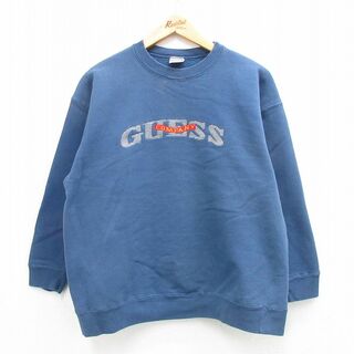 ゲス(GUESS)のL★古着 ゲス GUESS 長袖 スウェット メンズ 90年代 90s ビッグロゴ クルーネック USA製 紺 ネイビー 24feb07 中古 スエット トレーナー トップス(パーカー)