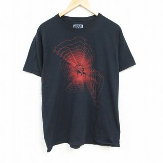 マーベル(MARVEL)のL★古着 半袖 Tシャツ メンズ マーベル スパイダーマン コットン クルーネック 黒 ブラック 24feb07 中古(Tシャツ/カットソー(半袖/袖なし))