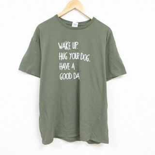 XL★古着 半袖 Tシャツ メンズ メッセージ 大きいサイズ コットン クルーネック 緑 グリーン 24feb07 中古(Tシャツ/カットソー(半袖/袖なし))