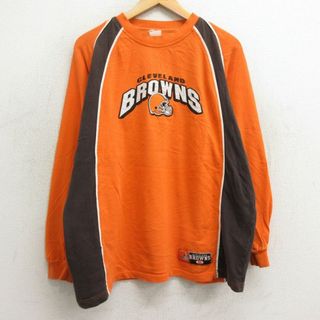 XL★古着 長袖 Tシャツ メンズ NFL クリーブランドブラウンズ ラグラン 大きいサイズ クルーネック オレンジ他 アメフト スーパーボウル 24feb05 中古(Tシャツ/カットソー(半袖/袖なし))