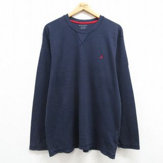 ノーティカ(NAUTICA)のL★古着 ノーティカ NAUTICA 長袖 ブランド Tシャツ メンズ ワンポイントロゴ 大きいサイズ クルーネック 紺 ネイビー 24feb09 中古(Tシャツ/カットソー(半袖/袖なし))