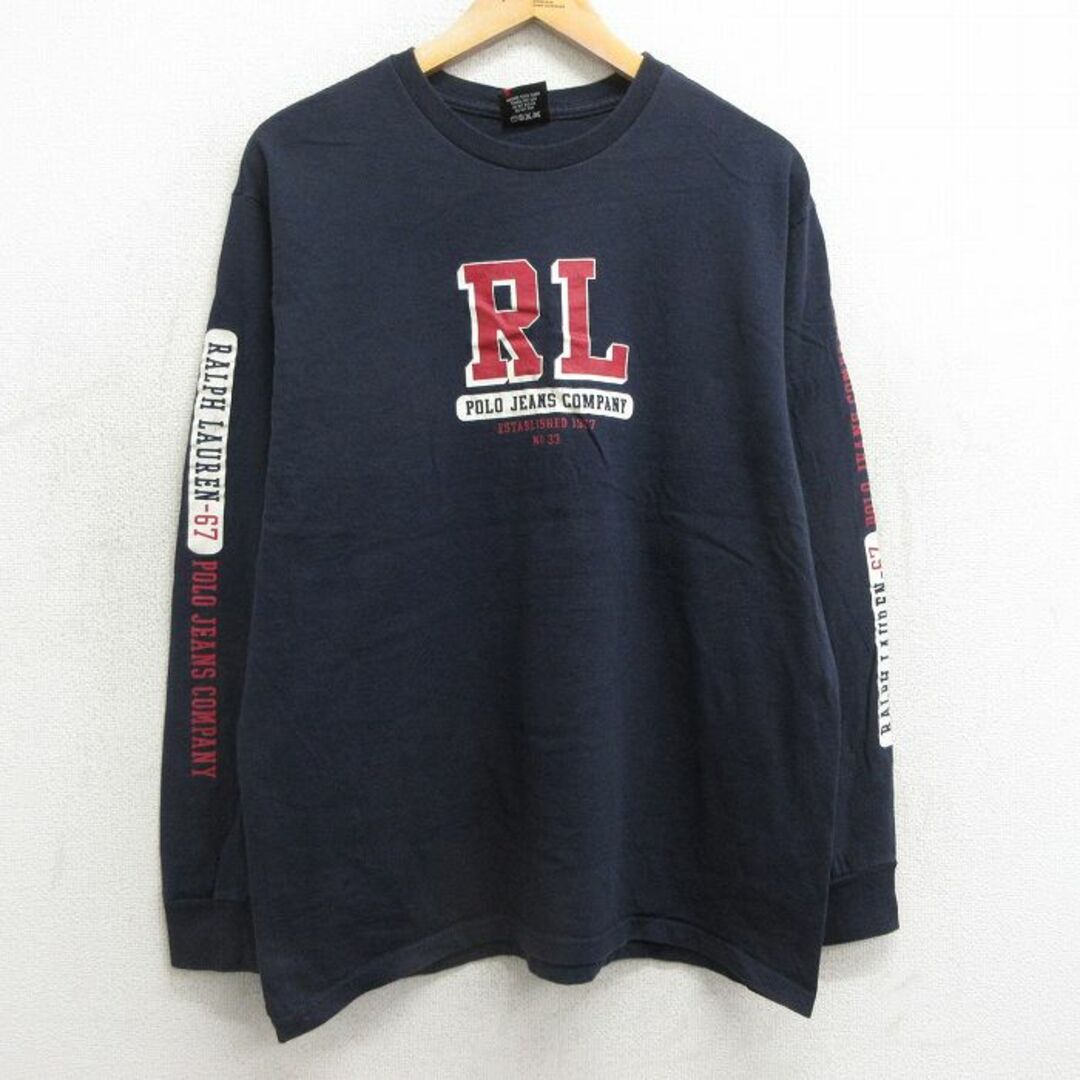 Ralph Lauren(ラルフローレン)のL★古着 ラルフローレン Ralph Lauren ポロジーンズ 長袖 ブランド Tシャツ メンズ ビッグロゴ コットン クルーネック 紺 ネイビー 24feb10 中古 メンズのトップス(Tシャツ/カットソー(半袖/袖なし))の商品写真