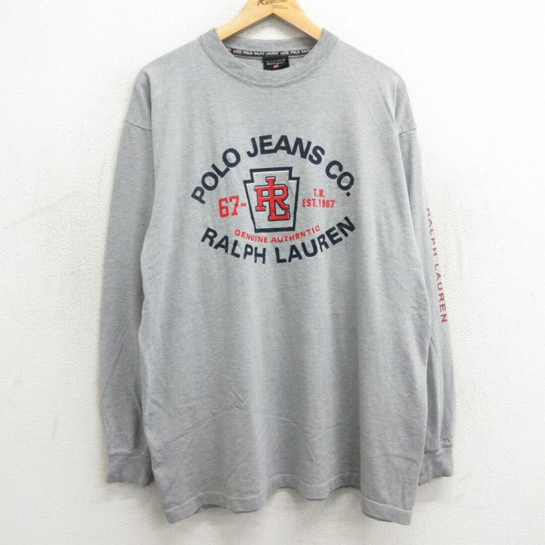 Ralph Lauren(ラルフローレン)のXL★古着 ラルフローレン Ralph Lauren ポロジーンズ 長袖 ビンテージ ブランド Tシャツ メンズ 90年代 90s ビッグロゴ 大きいサイズ コットン クルーネック USA製 グレー 霜降り 24feb10 中古 メンズのトップス(Tシャツ/カットソー(半袖/袖なし))の商品写真