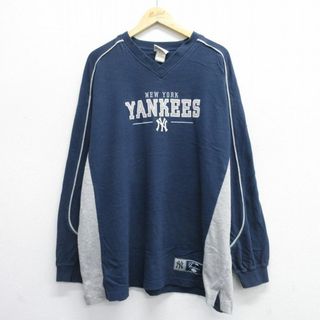 リー(Lee)のXL★古着 リー Lee 長袖 ビンテージ Tシャツ メンズ 00年代 00s MLB ニューヨークヤンキース 刺繍 大きいサイズ コットン Vネック 紺他 ネイビー メジャーリーグ ベースボール 野球 【spe】 24feb10 中古(Tシャツ/カットソー(半袖/袖なし))