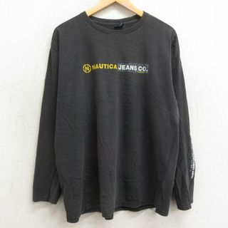 ノーティカ(NAUTICA)のXL★古着 ノーティカ NAUTICA ジーンズ 長袖 ビンテージ ブランド Tシャツ メンズ 90年代 90s ビッグロゴ コットン クルーネック USA製 黒 ブラック 24feb10 中古(Tシャツ/カットソー(半袖/袖なし))