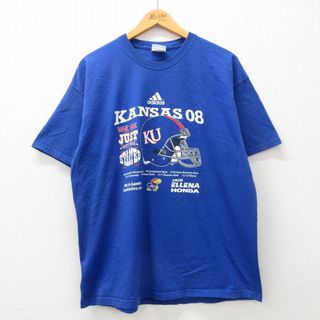 アディダス(adidas)のXL★古着 ヘインズ Hanes 半袖 ビンテージ Tシャツ メンズ 00年代 00s アディダス adidas カンザスジェイホークス フットボール ビッグロゴ コットン クルーネック 青 ブルー 24feb09 中古(Tシャツ/カットソー(半袖/袖なし))