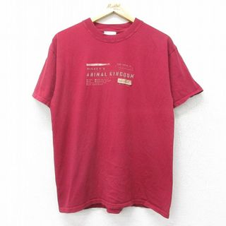 ディズニー(Disney)のL★古着 半袖 ビンテージ Tシャツ メンズ 90年代 90s ディズニー DISNEY アニマルキングダム コットン クルーネック USA製 エンジ 24feb09 中古(Tシャツ/カットソー(半袖/袖なし))