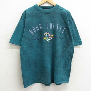 XL★古着 半袖 ビンテージ Tシャツ メンズ 90年代 90s ドア 花 刺繍 ウィスコンシン コットン クルーネック USA製 緑系 グリーン タイダイ 24feb09 中古(Tシャツ/カットソー(半袖/袖なし))