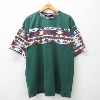 XL★古着 半袖 ビンテージ Tシャツ メンズ 90年代 90s ネイティブ柄 ラグ柄 大きいサイズ レーヨン クルーネック USA製 緑他 グリーン 24feb09 中古(Tシャツ/カットソー(半袖/袖なし))