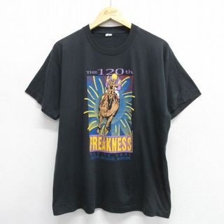 スクリーンスターズ(SCREEN STARS)のXL★古着 スクリーンスターズ 半袖 ビンテージ Tシャツ メンズ 90年代 90s 競馬 クルーネック USA製 黒 ブラック 24feb10 中古(Tシャツ/カットソー(半袖/袖なし))