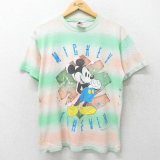 ディズニー(Disney)のL★古着 半袖 ビンテージ Tシャツ メンズ 90年代 90s ディズニー DISNEY ミッキー MICKEY MOUSE ラメ クルーネック USA製 緑系他 グリーン 24feb10 中古(Tシャツ/カットソー(半袖/袖なし))