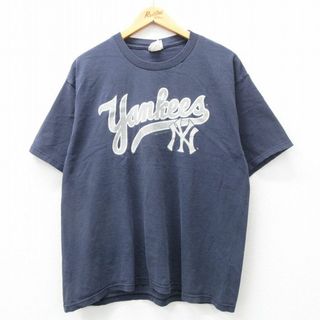 リー(Lee)のXL★古着 リー Lee 半袖 ビンテージ Tシャツ メンズ 00年代 00s MLB ニューヨークヤンキース コットン クルーネック 紺 ネイビー メジャーリーグ ベースボール 野球 24feb10 中古(Tシャツ/カットソー(半袖/袖なし))