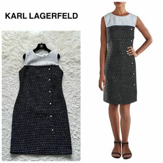 カールラガーフェルド(Karl Lagerfeld)のカールラガーフェルド　ボタンディテール付き　バイカラーツイードドレス　Mサイズ(ひざ丈ワンピース)