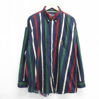 ラルフローレン(Ralph Lauren)のXL★古着 ラルフローレン Ralph Lauren チャップス 長袖 ブランド シャツ メンズ 90年代 90s ワンポイントロゴ ロング丈 大きいサイズ コットン ボタンダウン 紺 ネイビー ストライプ 24feb14 中古 トップス(シャツ)