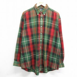 ラルフローレン(Ralph Lauren)のXL★古着 ラルフローレン Ralph Lauren ブランド シャツ メンズ 90年代 90s ワンポイントロゴ BIG SHIRT ロング丈 大きいサイズ コットン ボタンダウン 緑他 グリーン チェック 24feb14 中古 トップス(シャツ)